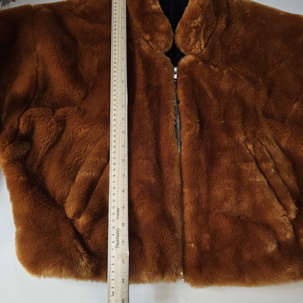 Free People Furry Bomber Jacket Brown/ Orange Zip Up Cozy XS - Picture 10 of 15